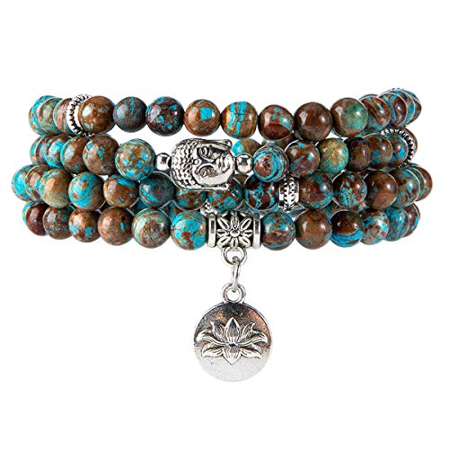 Bivei 108 Mala Beads Necklace Long Beaded Wrap Bracelets Genuine Gemstone Mala Prayer Beads Lotus Buddha Charm Yoga Meditation Necklace - color: Blue Lace Agate-Lotus OM-Buddha
