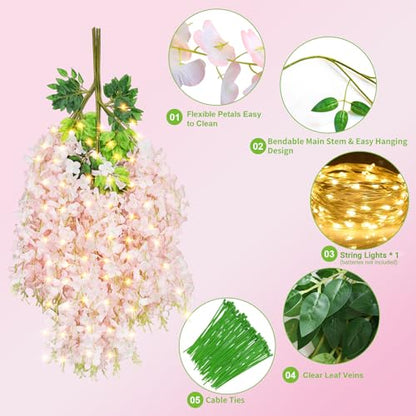 Wisteria Hanging Flowers with Lights, 24 Pcs Artificial Wisteria Garland - color: Light Pink With Lights, size: 24 Pack