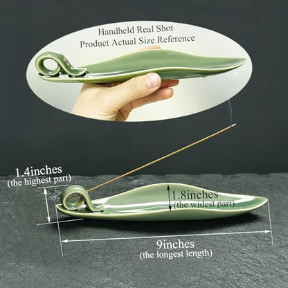 9" Length Incense Stick Holder with 3 Holes, White Porcelain Incense Tray Ash Cather for Spa, Meditation Room, Yoga, Home, Office (Green) - color: Green