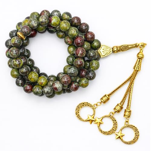 Amazing Gemstone Crystal Tasbeeh with Moon and Star Charm - Certified Crystal Muslim Prayer Beads Natural Gemstone Tasbih Gift for Ramadan Dhikr and Daily Namaz (G) - color: Dragon Bloodstone