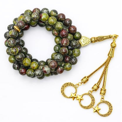 Amazing Gemstone Crystal Tasbeeh with Moon and Star Charm - Certified Crystal Muslim Prayer Beads Natural Gemstone Tasbih Gift for Ramadan Dhikr and Daily Namaz (G) - color: Dragon Bloodstone
