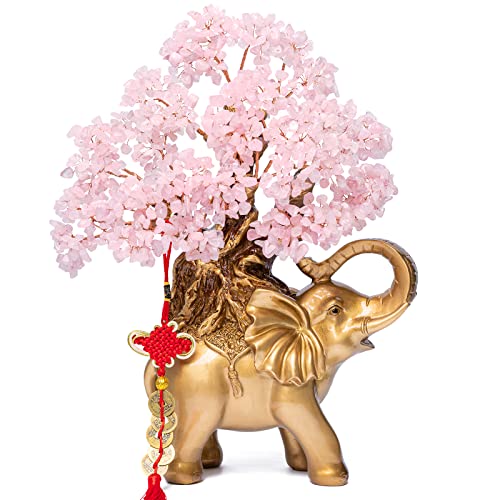 Rose Quartz Crystal Money Tree on Gold Elephant Statue, 17”Large Gemstone Bonsai Tree of Life Home Décor Gifts for Wealth Positive Energy, Feng Shui Décor - color: Rose Quartz, size: 17 inches Tall