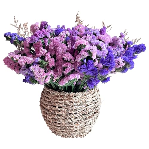 Preserved Forget Me Not & Natural Dried Purple Statice Flowers with Rattan Basket, Rustic Farmhouse Bouquet, Long Lasting Floral Centerpiece for Dining Table Home Decor Living Room