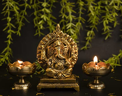 Spillbox Oxidised Finished Sinhasan Ganesha Brass God Idol Statue Showpiece for Home Office Figurine Religious Pooja | Puja Items Gift Living Room Decoration Home Décor, 6 X 9, Gold