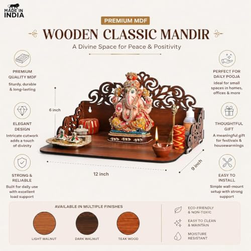 Wooden Pooja Mandir for Home Wall | Small Temple for Office & Room | Indian Wooden Temple for Table or Shelf | Compact DIY Mandir | 12x9x6 Inch | Classic Design