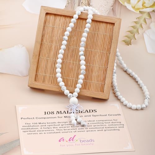 AD Beads 6mm 8mm 108 Prayer Mala Jasper Elastic Bracelet - Handmade Yoga Meditation Healing Power Energy Gifts for Unisex Adult. - color: Howlite(Calmness)