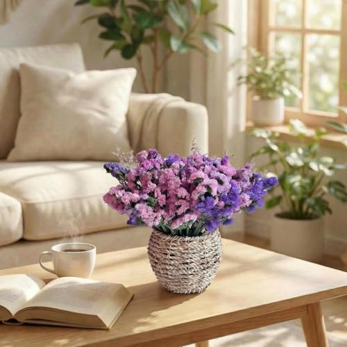 Preserved Forget Me Not & Natural Dried Purple Statice Flowers with Rattan Basket, Rustic Farmhouse Bouquet, Long Lasting Floral Centerpiece for Dining Table Home Decor Living Room