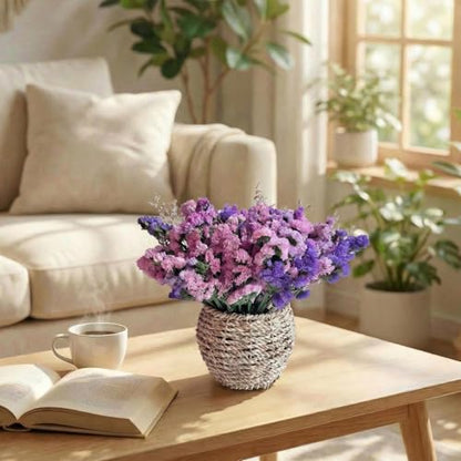 Preserved Forget Me Not & Natural Dried Purple Statice Flowers with Rattan Basket, Rustic Farmhouse Bouquet, Long Lasting Floral Centerpiece for Dining Table Home Decor Living Room