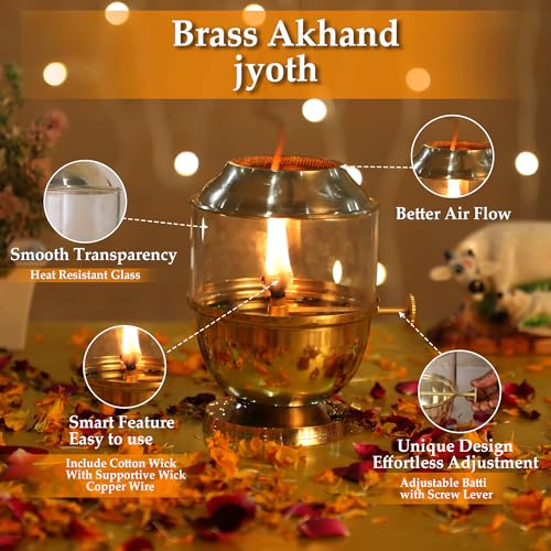 Pure Brass Akhand Jyot Diya with Borosilicate Glass Cover - Medium Size Adjustable Wick Lever 250ml Oil Capacity 48-Hour Burn Time Authentic Oil Lamp for Prayer and Meditation - Gold - size: Medium Without Plate