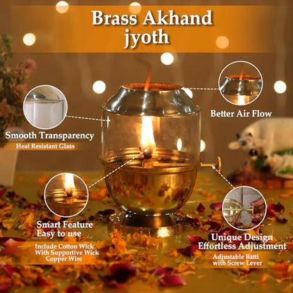 Pure Brass Akhand Jyot Diya with Borosilicate Glass Cover - Medium Size Adjustable Wick Lever 250ml Oil Capacity 48-Hour Burn Time Authentic Oil Lamp for Prayer and Meditation - Gold - size: Medium Without Plate