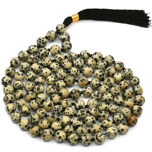Amazing Gemstone Dalmatian Jasper Mala Beads - 108 Prayer Beads for Meditation and Mindfulness Practice, Handcrafted Mala Beads with Natural Gemstones for Spiritual Healing and Relaxation (Knotted) - color: Dalmatian Jasper, style: Knotted