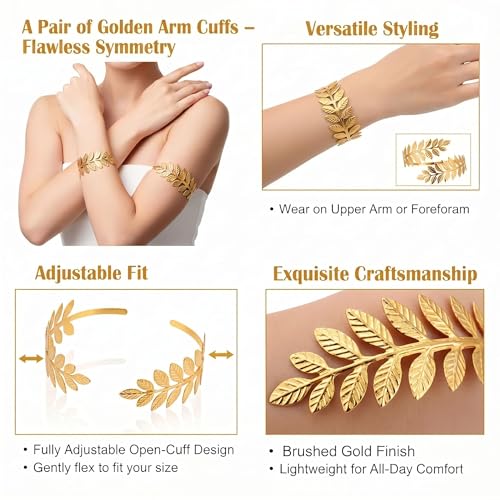 5 Pcs Greek Goddess Costume Accessories Set for Women, Gold Laurel Leaf Crown Headband, Adjustable Leaf Arm Cuffs & Dangle Earrings, Roman Toga Party Costume Set for Bridal Wedding Halloween Cosplay - style: Classic