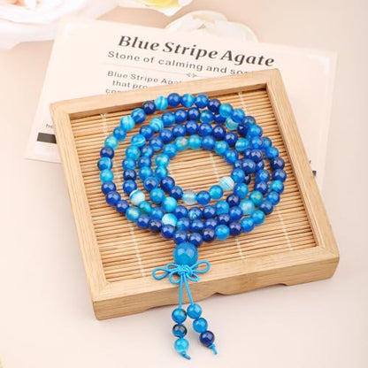 AD Beads 6mm 8mm 108 Prayer Mala Jasper Elastic Bracelet - Handmade Yoga Meditation Healing Power Energy Gifts for Unisex Adult. - color: Blue Stripe Agate(Soothing)
