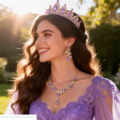 Kamirola Tiaras and Crowns for Women,Tiaras Earrings Necklace, Crystal Bridal Jewelry Set, Costume Party Halloween Prom Pageant Jewelry for Women(TR45) - color: Gold Purple