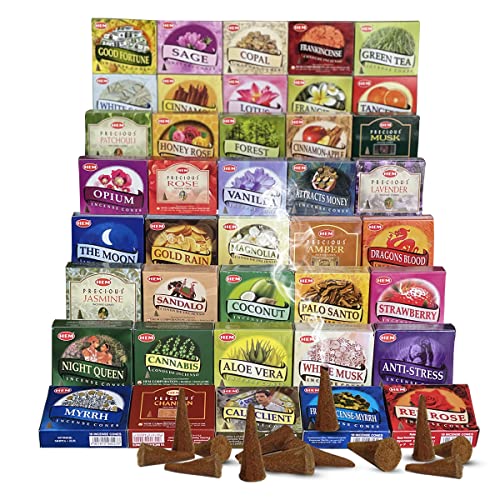 Hem Incense Cones Variety Pack of 12 Randomly Selected Fragrances and Incense Cone Holder Bundle Total 120 Cones - color: Random 12