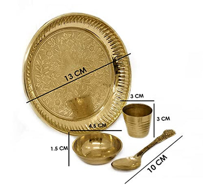 Satvik Brass 4 Pc Bhog Thali Set for Laddu Gopal With Glass, Bowl and Pooja Spoon - Home and Temple Kanha Ji Plate Set (Medium) - size: Medium