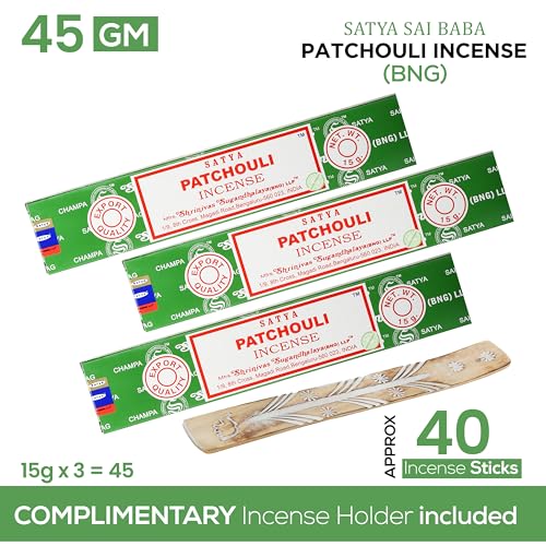 Satya Patchouli Incense Sticks, Satya Bng (Bangalore) Insenses 15gmx3 Pack (45 GMS) with Raajsee Incense Holder Bundle, Satya Nagchampa Natural Incense - color: Patchouli
