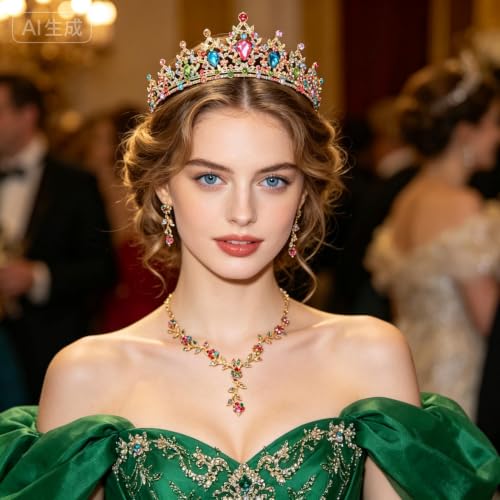 Kamirola Tiaras and Crowns for Women,Tiaras Earrings Necklace, Crystal Bridal Jewelry Set, Costume Party Halloween Prom Pageant Jewelry for Women(TR45) - color: Gold Mix Color
