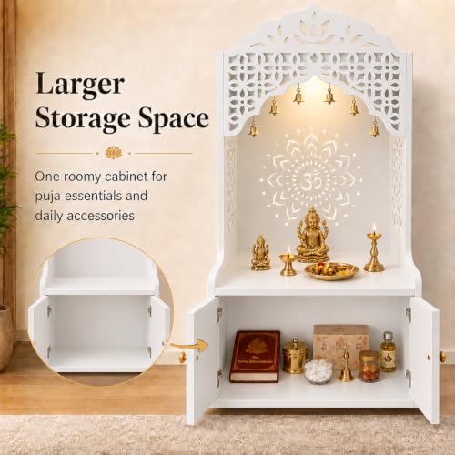 Pooja Mandir for Home in USA, Hindu Wooden Temple for Home, Indian Puja Mandir with Cabinet (White)