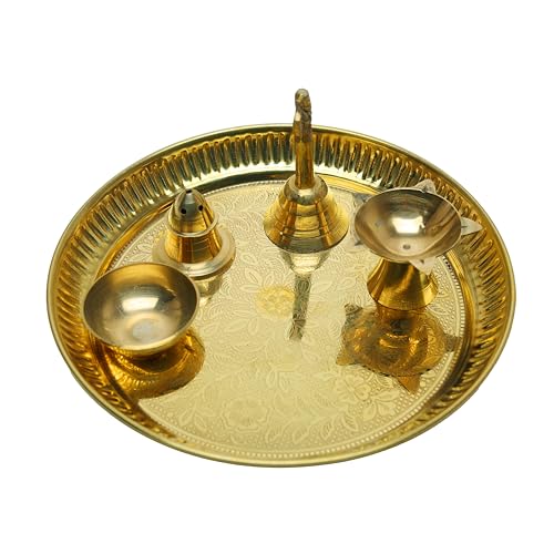 Decorative Brass Pooja Thali Set of 5 Pcs Brass Pooja 1 Plate with 1 Bowl 1 Diya 1 Bell and 1 Incense Stand for Indian Traditional Festival New year Decorations Temple Home Bhog Set (Thali Size:-7") - size: 7" Inches-1