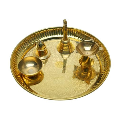 Decorative Brass Pooja Thali Set of 5 Pcs Brass Pooja 1 Plate with 1 Bowl 1 Diya 1 Bell and 1 Incense Stand for Indian Traditional Festival New year Decorations Temple Home Bhog Set (Thali Size:-7") - size: 7" Inches-1