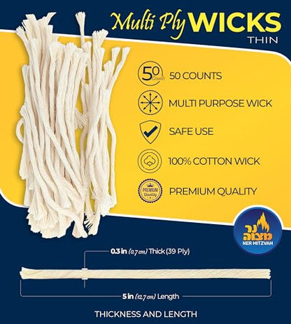 Ner Mitzvah Natural Smokeless Cotton Wicks – 50 Count (Approx.) 39 Ply Thin for Oil Cup Candle – Replacement Wicks - size: Thin