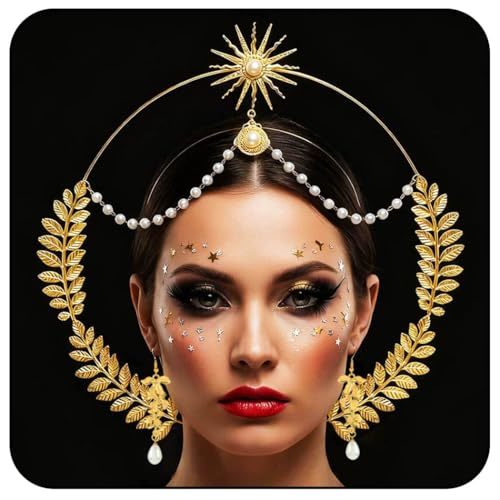 Sixexey Halo Crown Set Golden Greek Headband Earrings for Women