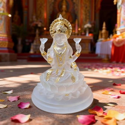 Lakshmi Statue, 4.3 Inch White and Gold Resin Laxmi Idol on Lotus