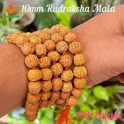 NAISHA 10 MM Rudraksha Mala 108+1 Beads Necklace, Beads Natural Himalaya 5 face Panch Mukhi Rudraksha, Prayer Beads, Wrist Mala Wrap, Jaap Mala (1 Pack)