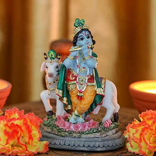alikiki Hindu Idol Lord Krishna Statue- 3.7”H Handmade Standing Krishna Murti Playing Flute with Cow for Home Office Mandir Temple Altar Shrine Pooja Item Diwali Puja Gifts