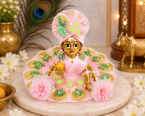 Laddu Gopal Dress with Mukut Bal Krishna ji Kanha ji God Vastra- Pink (6") - size: 6" Inches -1