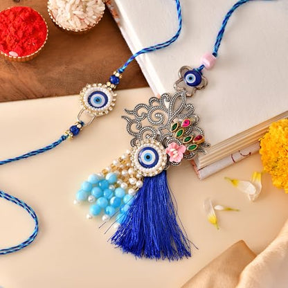 Premium Designer Bhaiya Bhabhi Rakhi Set with Lumba, Greeting Card, Roli Chawal & Fridge Magnet - color: Design-4