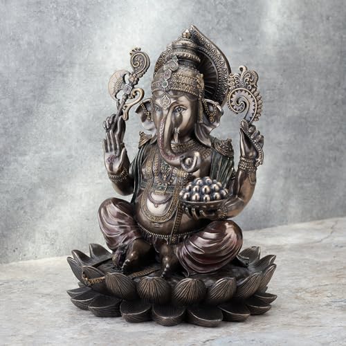 Veronese Design 9 7/8 Inch Lord Ganesha Sitting on Lotus Hindu God Antique Bronze Finish Resin Statue