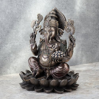 Veronese Design 9 7/8 Inch Lord Ganesha Sitting on Lotus Hindu God Antique Bronze Finish Resin Statue