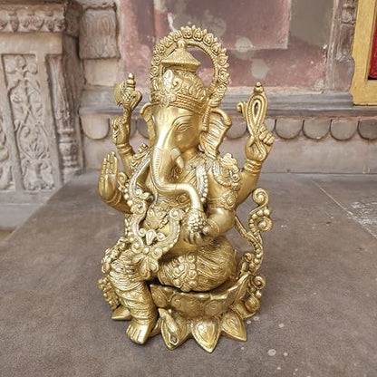 Brass Ganesha Statue 12.5 Inch Large Handmade Lord Ganesh Idol for Home Temple Decor Hindu Religious Brass Murti Spiritual Gift
