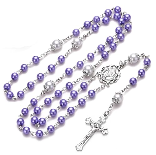 Rosary for Women with Case and 18pcs Prayer Cards, First Communion Gifts for Girls, Glass Pearl Beads and Virgin Mary Medal, Catholic Gifts - color: Purple