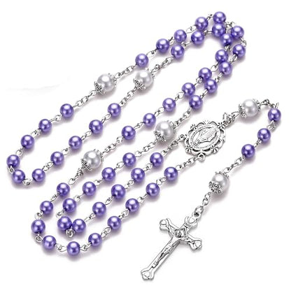 Rosary for Women with Case and 18pcs Prayer Cards, First Communion Gifts for Girls, Glass Pearl Beads and Virgin Mary Medal, Catholic Gifts - color: Purple