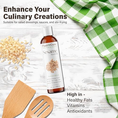 Plant Guru Sesame Seed Oil 16 fl. oz. – Cold Pressed, 100% Pure & Natural Carrier for Skin, Face, Body, Hair, and Cooking. Great for DIY Creams, Lotions, and Lip Balms.
