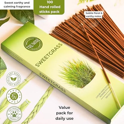 Sweetgrass Incense Sticks - Pack of 100 Inscents-Sticks - Made with Non Toxic Insence Ingredients - Scented Incienso Spiritual Insense Natural Agarbatti Incents - color: Sweetgrass