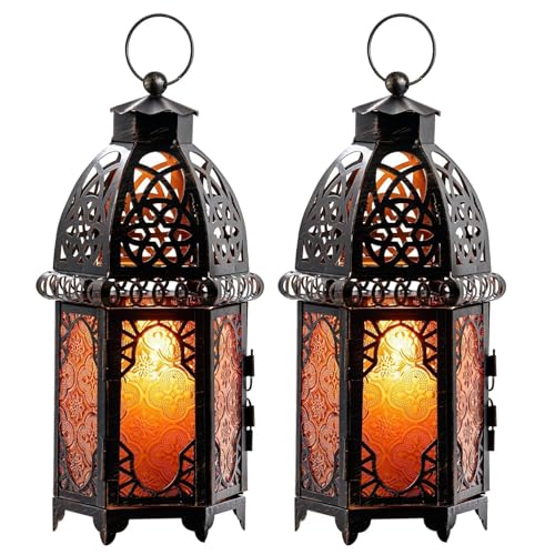 Set of 2 Vintage Large Decorative Moroccan Candle Lantern, 12.8’’ Metal Hanging&Tabletop Lantern Candle Holder Decor, Christmas Decorations Indoor Outdoor Patio (Amber) Ramadan Decorations - color: Amber - 12.8''h, size: Large