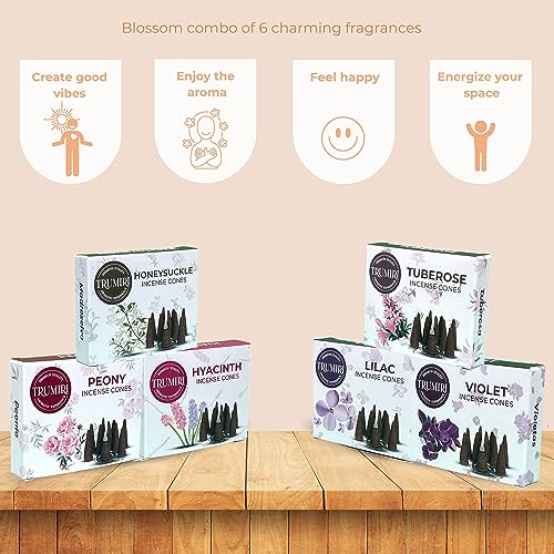 TRUMIRI Blossom Incense Cones - Variety Pack - Total 60 Cone Incense (6 Scents x 10 Conos) - Peony, Lilac, Violet, Honeysuckle, Hyacinth, Tuberose - Cone Incense Scents - Insense Cones - Incent Cone - color: Blossom