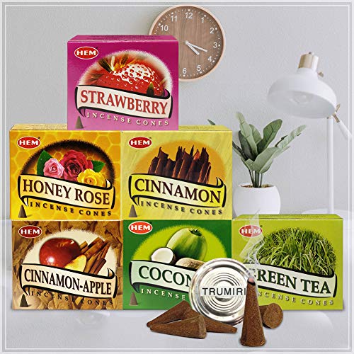 Hem Incense Cones Variety Pack #5 and Cone Incense Burner Bundle with 6 Most Sought-After Fragrances - color: Popular 6c