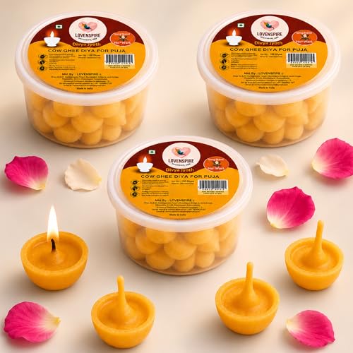 LOVENSPIRE Pure Cow Ghee Wicks for Pooja Diya (90 Pcs) Wax-Free Desi Ghee Batti, Up to 35 Min Long Burning, Ready-to-Use Cotton Jyot for Home Mandir, Indian Puja Rituals, Diwali Decor & Return Gifts - size: 90 Pcs