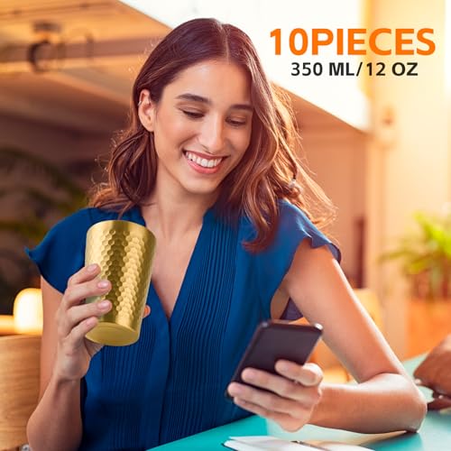 10 Pack 12 oz Stainless Steel Insulated Cup, Honeycomb Double Wall Vacuum Small Metal Cup, Reusable Camping Cups Unbreakable Indoor Outdoor for Party, Home, Office, BBQ, Gold - size: 10PC