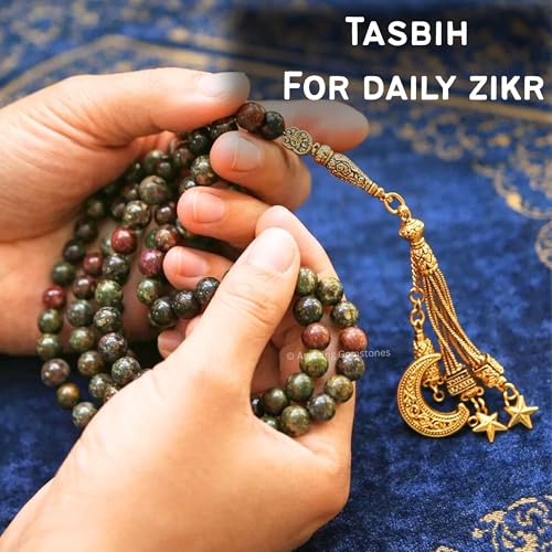Amazing Gemstone Crystal Tasbeeh with Moon and Star Charm - Certified Crystal Muslim Prayer Beads Natural Gemstone Tasbih Gift for Ramadan Dhikr and Daily Namaz (G) - color: Dragon Bloodstone