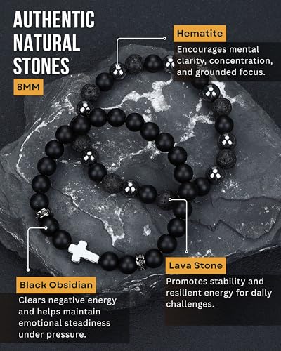 Mens Beaded Bracelets, Cross Bracelet for Men with Hematite Black Obsidian Lava Stone Triple Protection Bracelets for Men - size: Medium, style: Cross