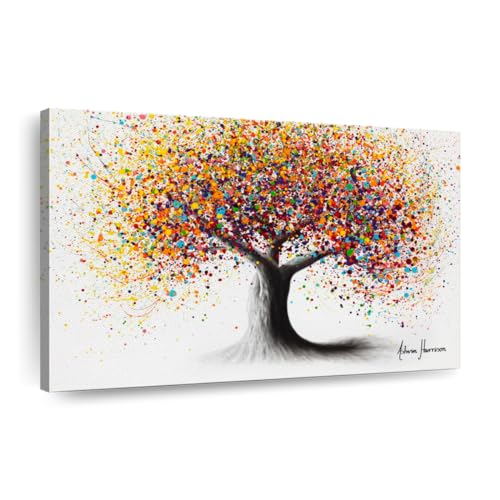 ElephantStock Rainbow Soul Tree Wall Art - Horizontal Wrapped Canvas - 1-Piece Living Room Wall Decor - Colorful Painting Canvas Print - White and Orange Decor by Ashvin Harrison - 36" X 24" - color: Rainbow Soul Tree Wall Art Single Piece, size: 36"L x 2