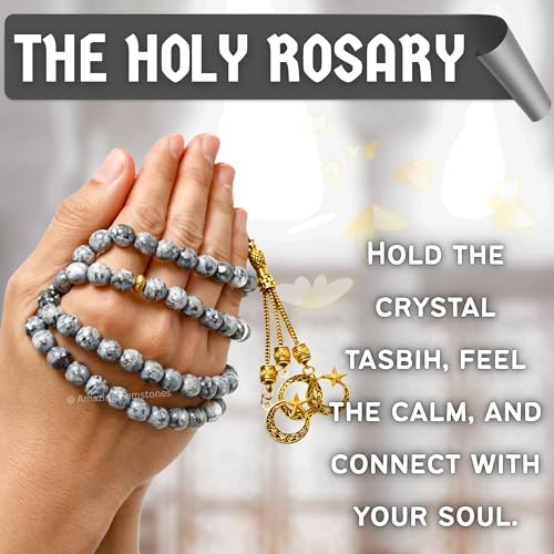 Amazing Gemstone Crystal Tasbeeh with Moon and Star Charm - Certified Crystal Muslim Prayer Beads Natural Gemstone Tasbih Gift for Ramadan Dhikr and Daily Namaz (G) - color: Black Piccaso
