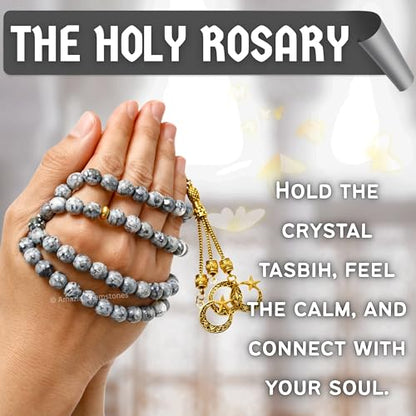 Amazing Gemstone Crystal Tasbeeh with Moon and Star Charm - Certified Crystal Muslim Prayer Beads Natural Gemstone Tasbih Gift for Ramadan Dhikr and Daily Namaz (G) - color: Black Piccaso
