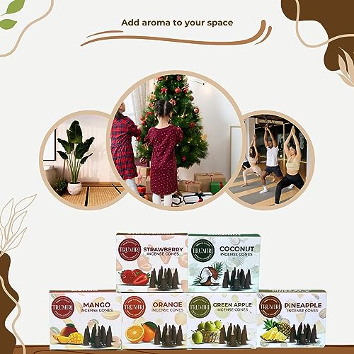 Trumiri Fruity Incense Cones - Variety Pack - Total 60 Cone Incense (6 Scents x 10 Conos) - Strawberry, Coconut, Pineapple, Apple, Mango, Orange - Cone Incense Scents - Insense Cones - Incent Cone - color: Fruity